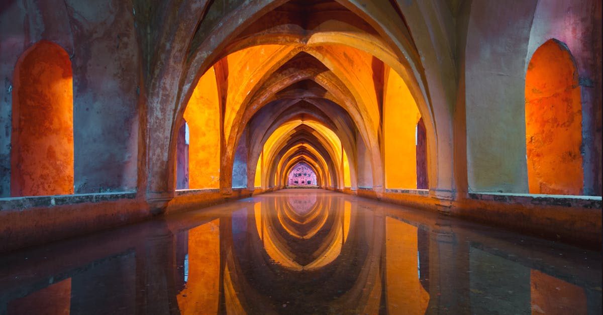 Beautiful Gothic arches reflecting in water, vibrant colors create a mesmerizing effect.