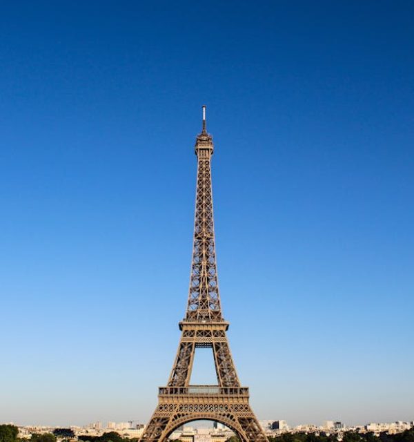 Stunning daylight shot capturing the Eiffel Tower with clear blue skies in Paris.