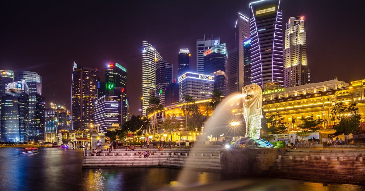 Dazzling view of the Singapore cityscape with Merlion and illuminated skyscrapers at night.